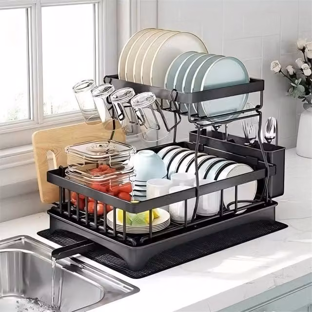 Havendro 2 Tier Expandable Dish Drainer Rack with Cutlery Holder and Drip Tray, Black, W: 100 cm, D: 15 cm, H: 33.02 cm – 1