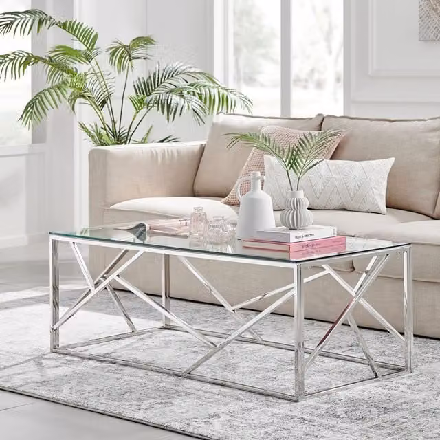 FurnitureboxUK Amalfi Rectangular Coffee Table with Silver Metal X-Frame and Transparent Glass Top