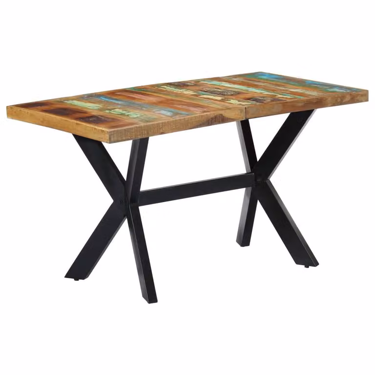 Berkfield Home Elegant Rectangular Dining Table in Multicolour Solid Reclaimed Wood and Metal, W/D/H: 140 x 70 x 75 cm