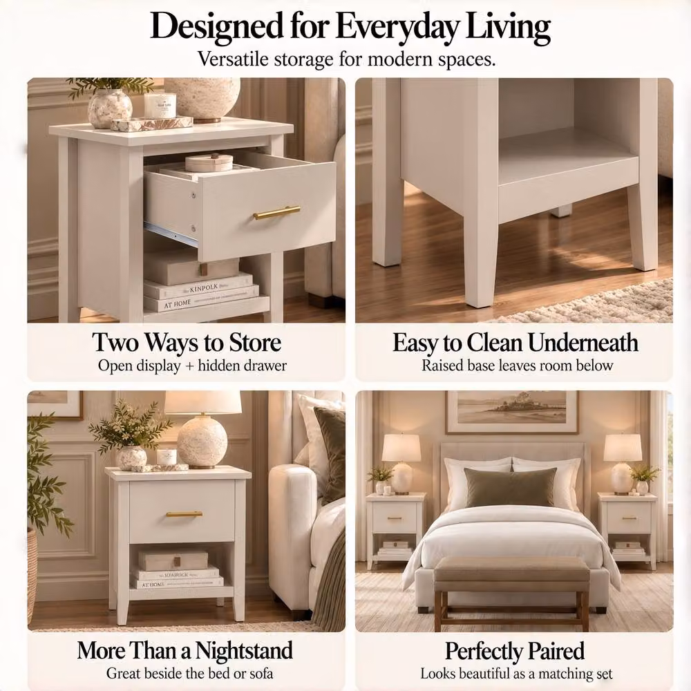 Merax Set of 2 Modern Style Bedside Tables with Drawer and Open Shelf in Beige – 3
