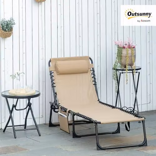 Outsunny Portable Folding Camping Bed Cot with Adjustable Headrest and Side Compartments, Beige, W/D/H: 190 x 68 x 30 cm – 2