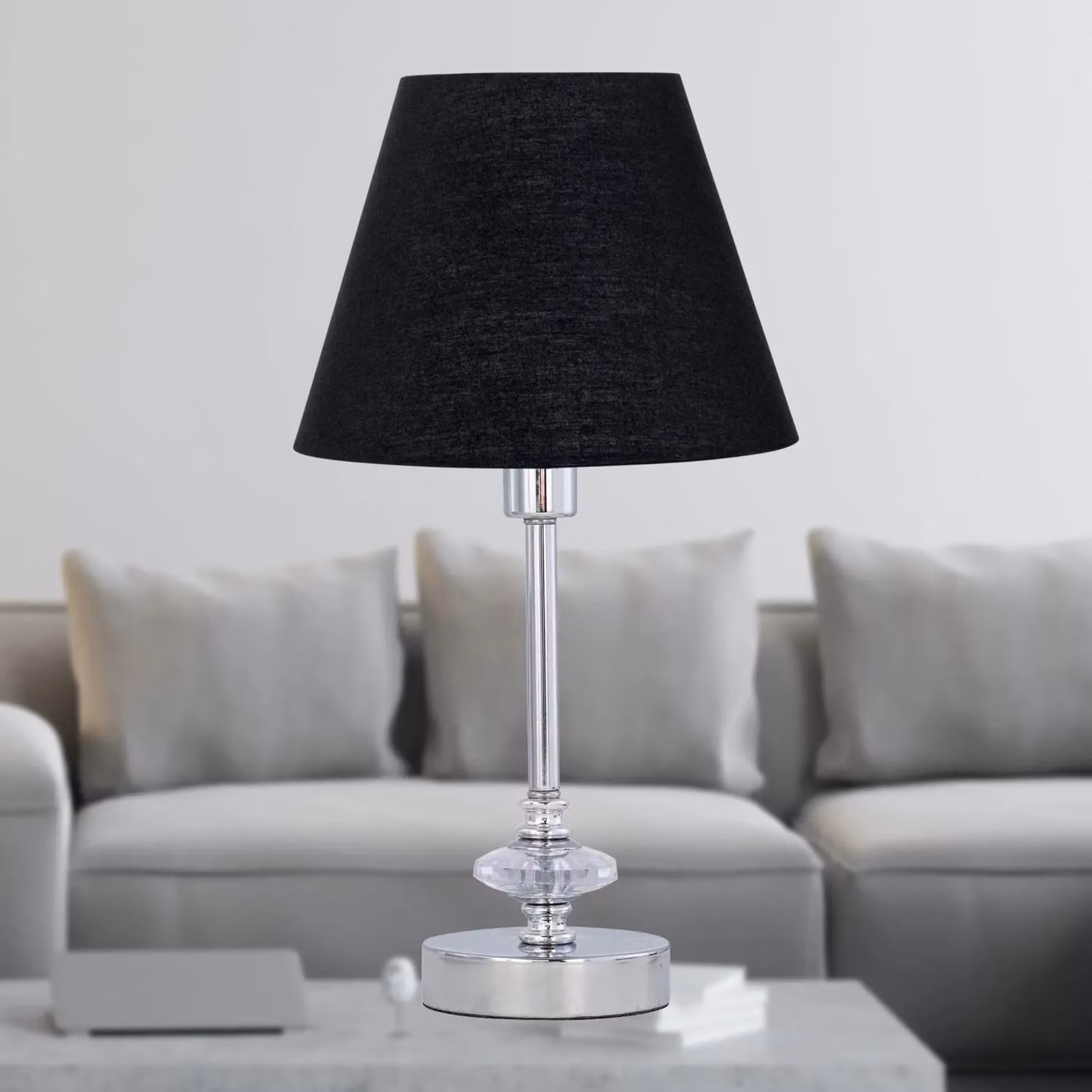 First Choice Lighting Chrome Jewelled Table Lamp with Black Fabric Cone Shade in Silver – 2