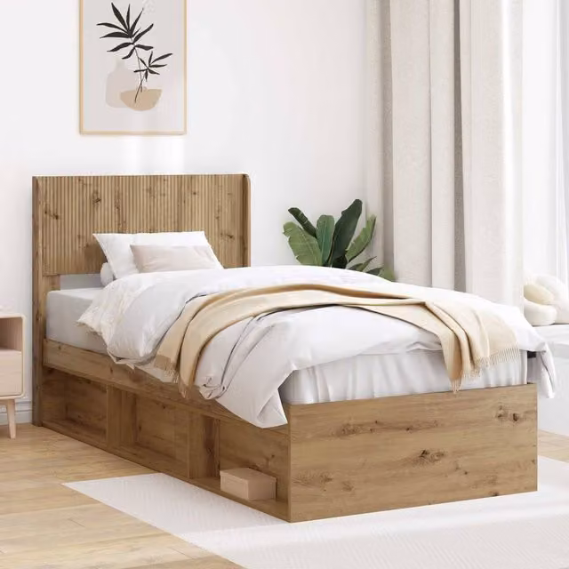 Berkfield Home Artisan Oak Bed Frame with Headboard and Side Storage Compartments, Brown, W/D/H: 100 x 200 cm