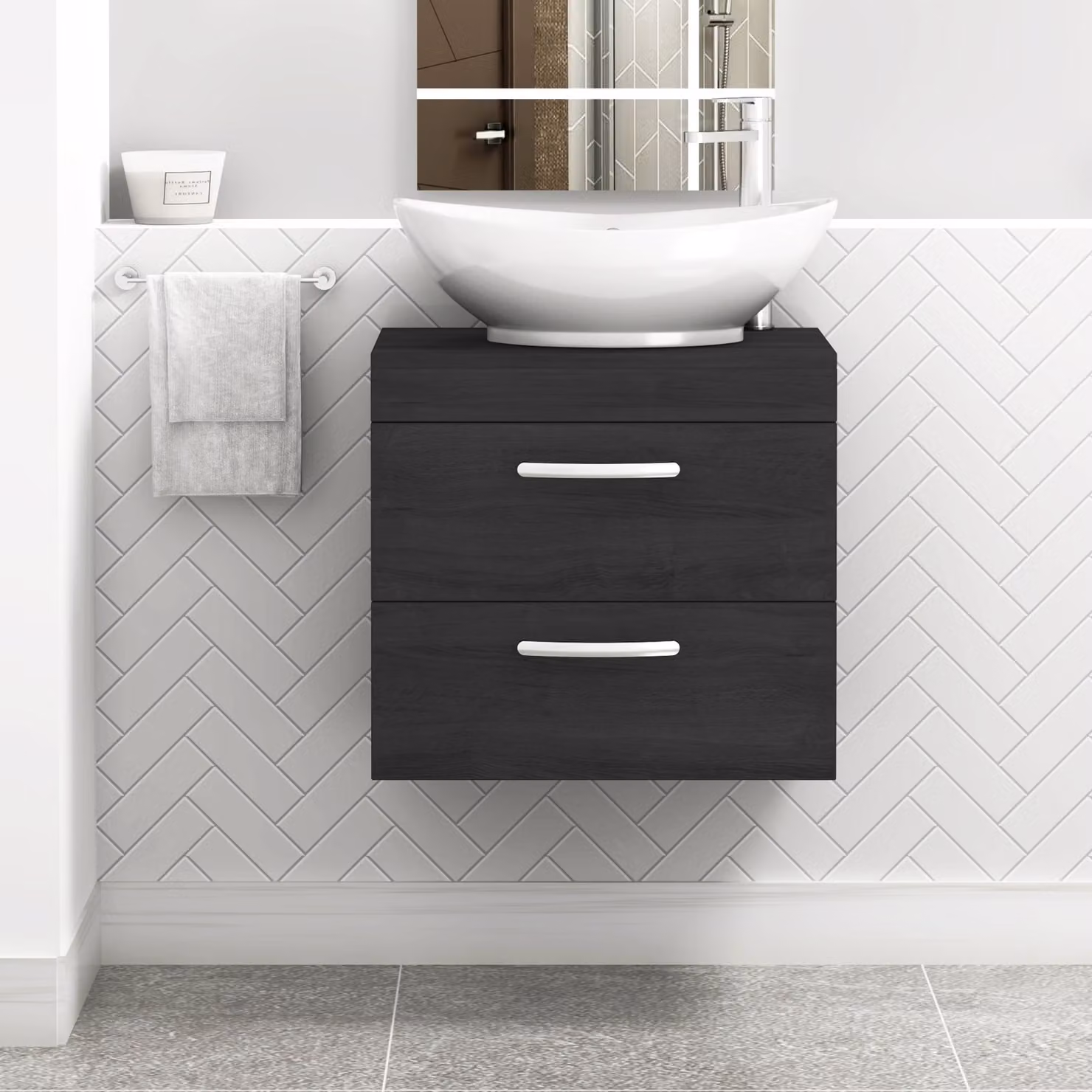 Royal Bathrooms Turin 600mm Wall Hung Vanity Unit with 2 Drawers and Countertop Basin in Matt Black