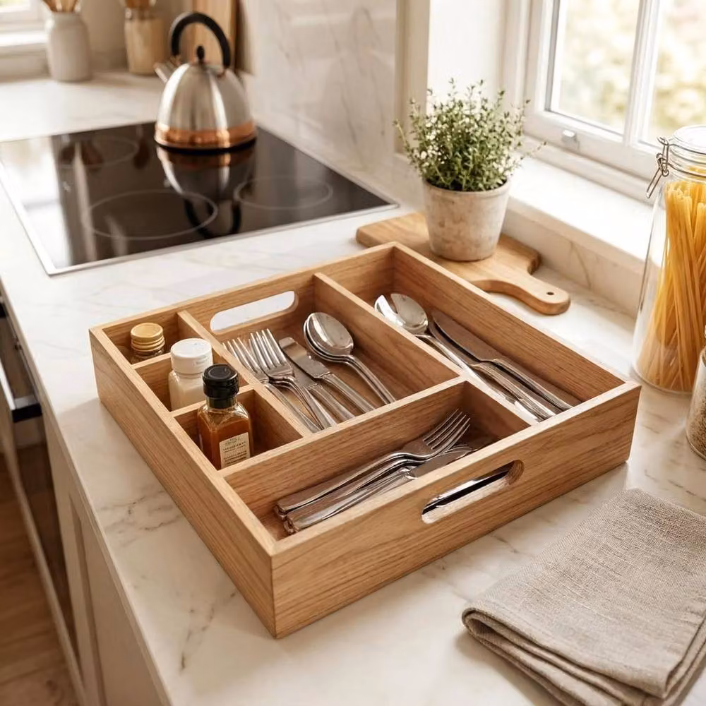 KORVIXA Rustic Wood 6-Compartment Utensil Holder with Handle in Brown – 2