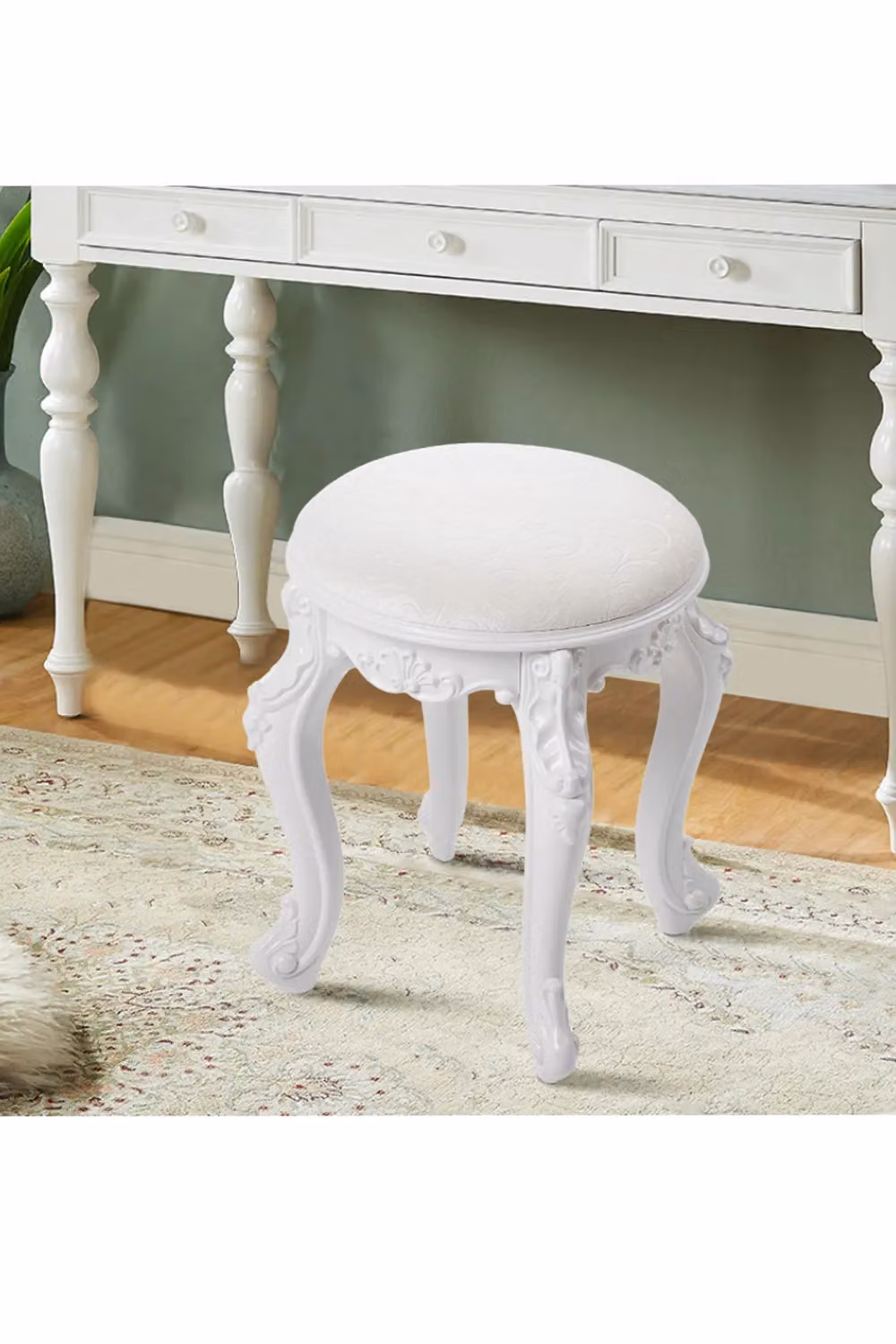 Living and Home Elegant Round Upholstered Dressing Makeup Stool in Beige Flannel Fabric – 3