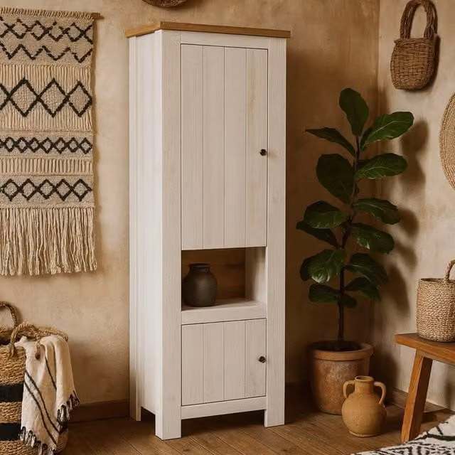Wyld Haus Tipsyfern Modern 2 Door Tall Cabinet in White and Oak, W/D/H: 74.4 x 38.5 x 200.0 cm – 1