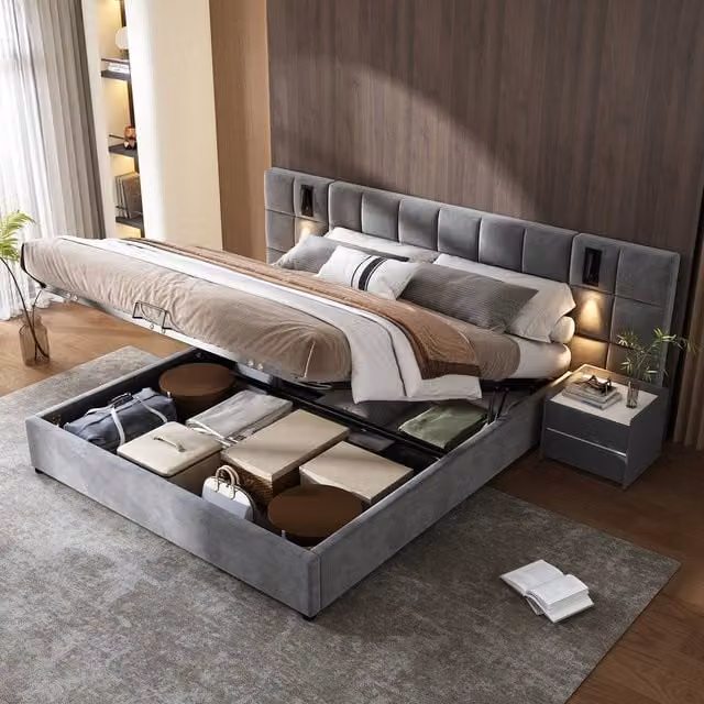 Matteo Grey Velvet Upholstered Double Bed with Hydraulic Storage, USB Charging and Integrated Reading Light, W/D/H: 140 x 200 x 102.5 cm – 1