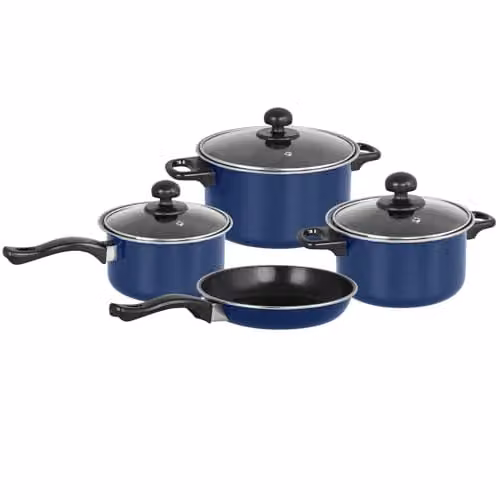 Gr8 Home 7 Piece Non Stick Carbon Steel Cookware Set with Glass Lids in Blue – 1