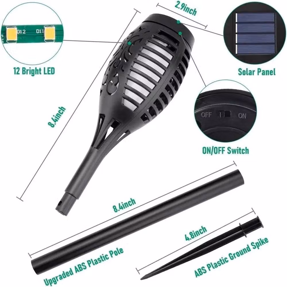 FLAVORA 12-Piece Solar LED Torch Lights with Flickering Flame Effect in Black – 2