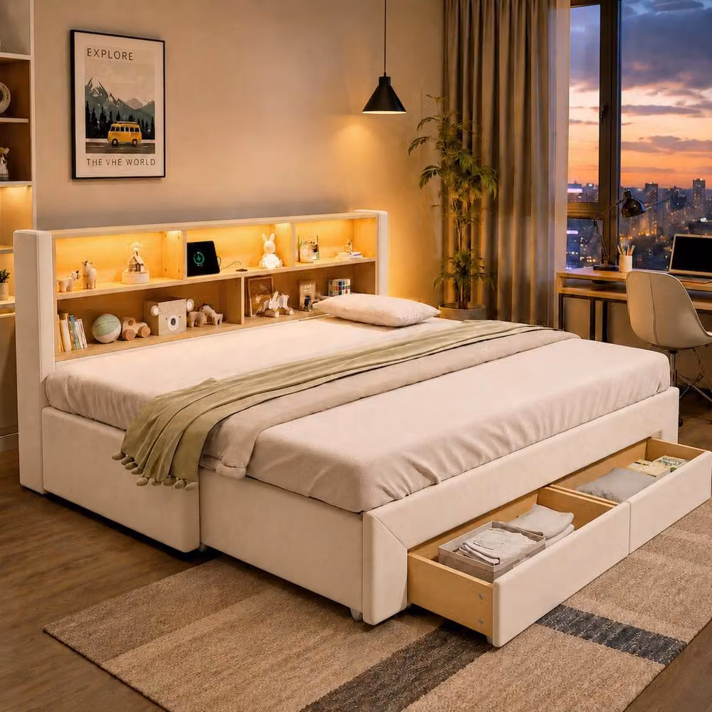 ModernLuxe Beige Velvet Upholstered Daybed with Pull Out Guest Bed, LED Storage Headboard and 2 Drawers, W/D/H: 191 x 90 x 82.5 cm – 2