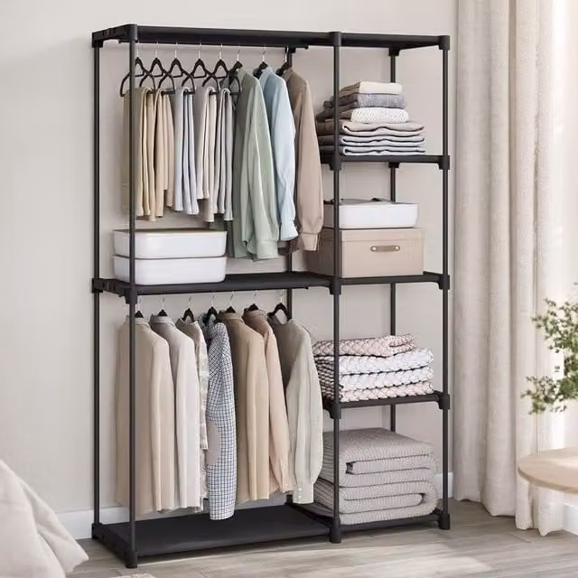 SONGMICS Open Design Clothes Storage Wardrobe with Dual Hanging Areas in Black, H 182 x W 43 x D 43 cm – 1