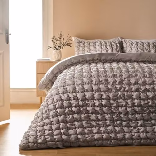 OHS Seersucker Duvet Cover and Pillowcase Set, Beige, W/D/H: 180 x 200 cm, Pillowcase: 50 x 75 cm – 1