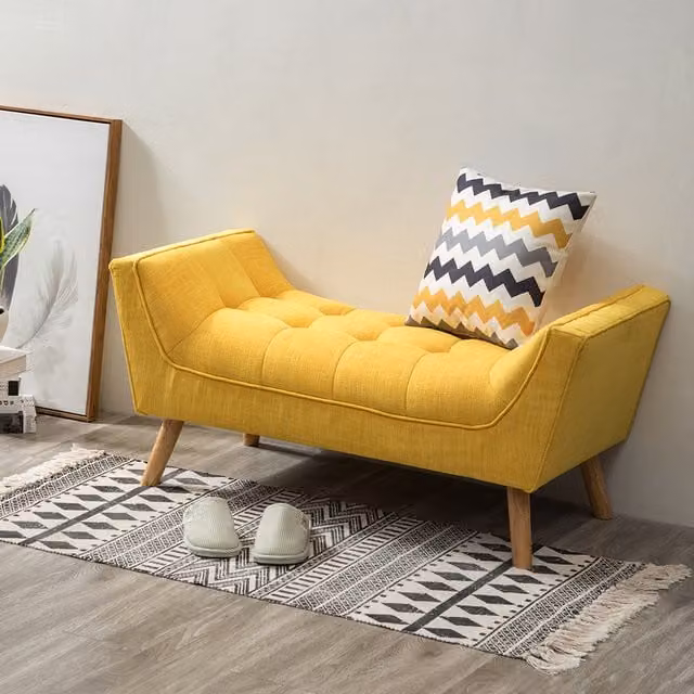 Livingandhome Mid-Century Yellow Velvet and Fabric Bench with Beech Wood Legs