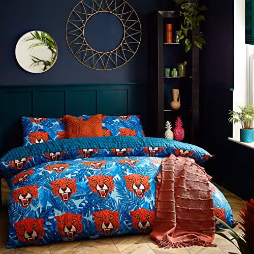 Riva Home Untamed Reversible Blue Graphic Animal Print Duvet Cover Set, W: 137 cm x L: 200 cm
