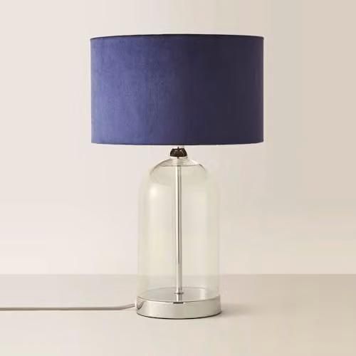 ValueLights Glass and Black Metal Bedside Table Lamp with Navy Blue Velvet Lampshade and Warm White LED Bulb – 1