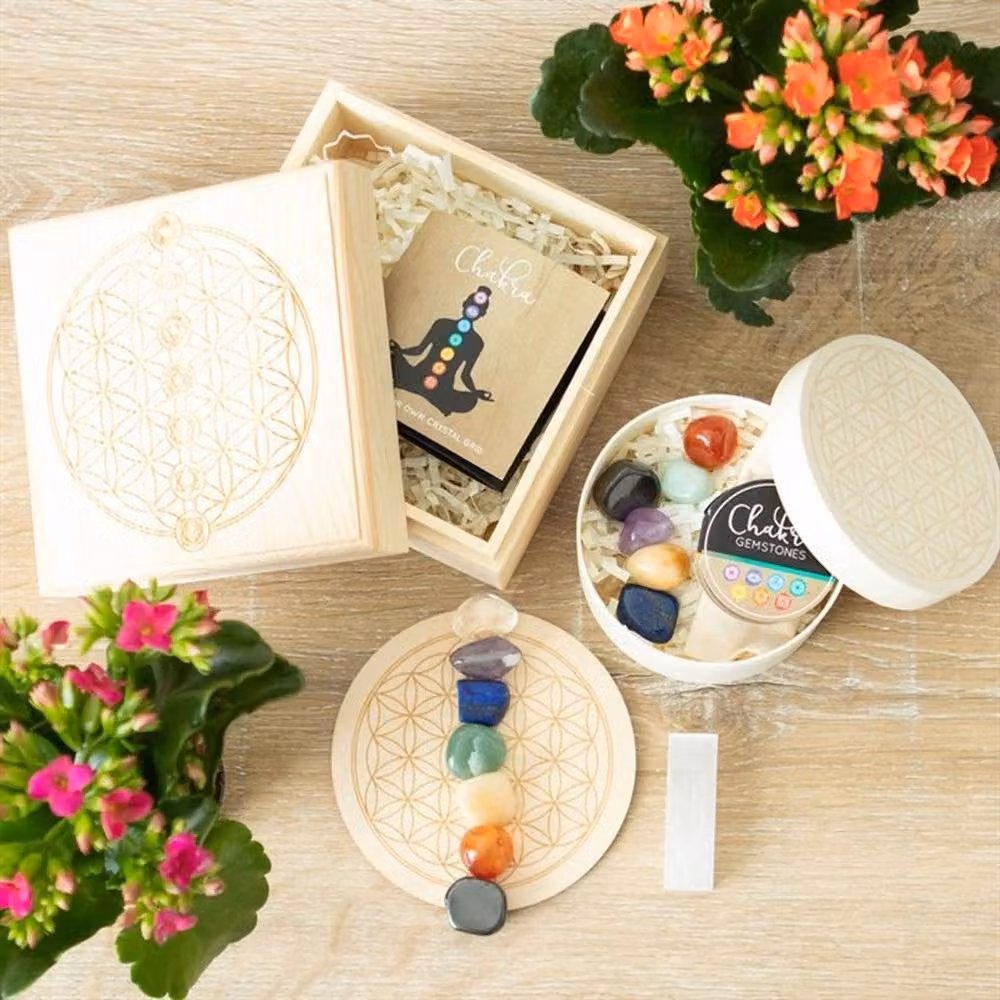 Uniqueful Chakra Crystal Grid Gift Set with Round Geometric Wooden Tabletop – 2