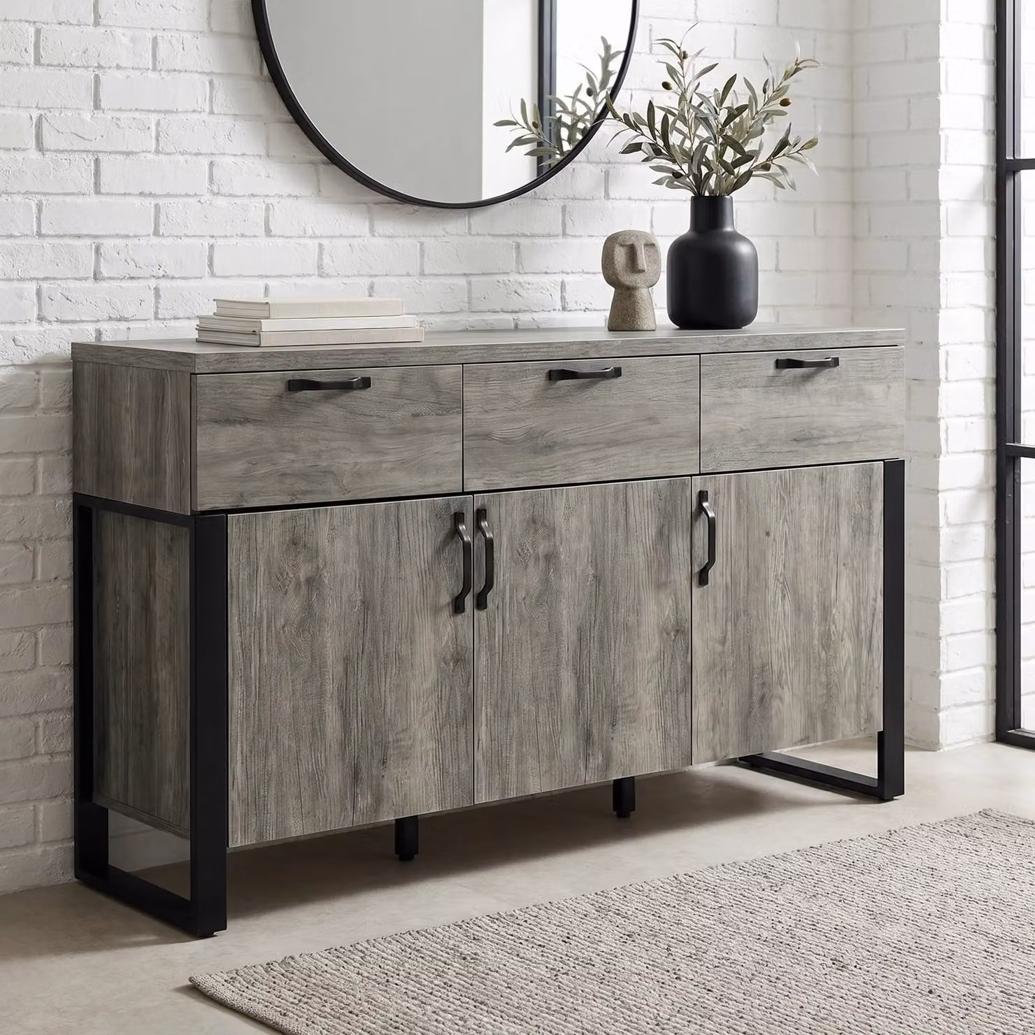Millwright 3 Door Sideboard with Drawers in Grey and Black Industrial Style, W/D/H: 150 x 40 x 80 cm