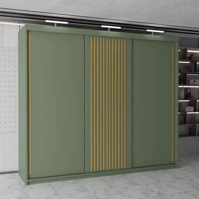 MN Furniture Modern Sliding Wardrobe with Integrated LED Lighting and Drawers in Green and Gold, W/H: 250 x 217 cm