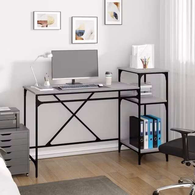 Berkfield Home Computer Desk with Shelves in Grey Sonoma, W/D/H: 135 x 50 x 90 cm