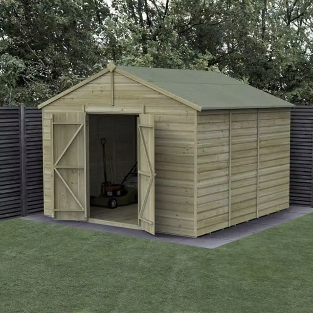 Forest Garden Shiplap Apex Wood Garden Shed with Double Doors in Green or Brown, W/D/H: 304.8 x 304.8 cm