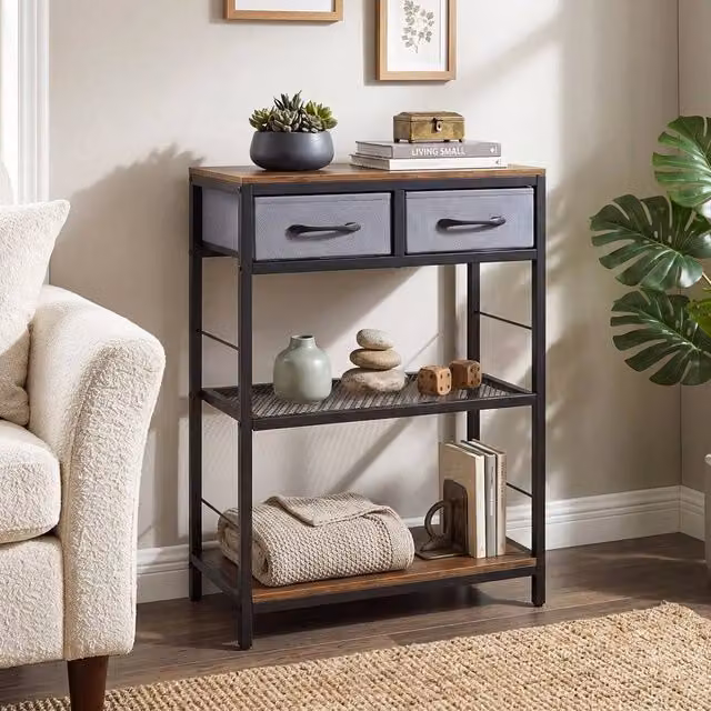 KORVIXA 3-Tier Rustic Brown Wood and Metal Entryway Storage Rack, W: 100 cm, H: 81 cm – 1