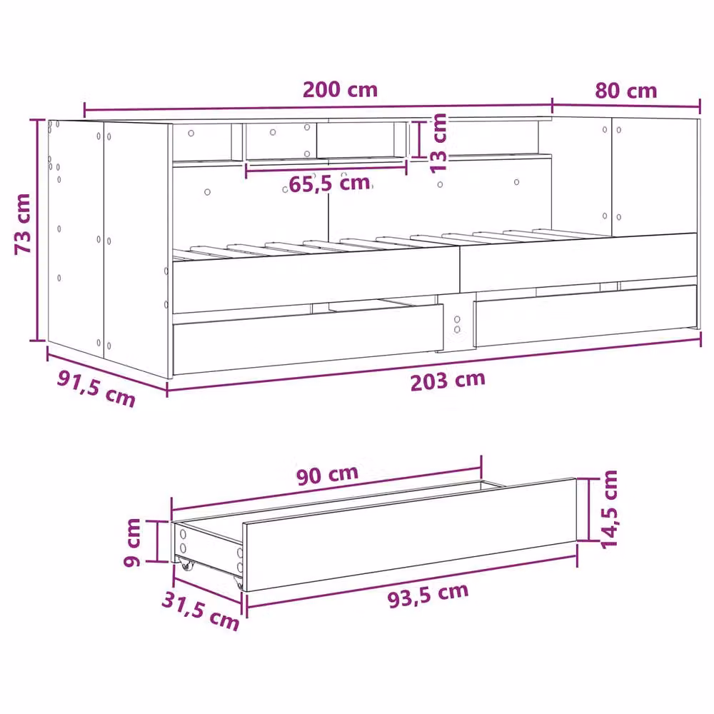 Berkfield Home Modern Bed Frame with Storage Drawers in Black Oak, W: 80 cm, L: 200 cm – 6