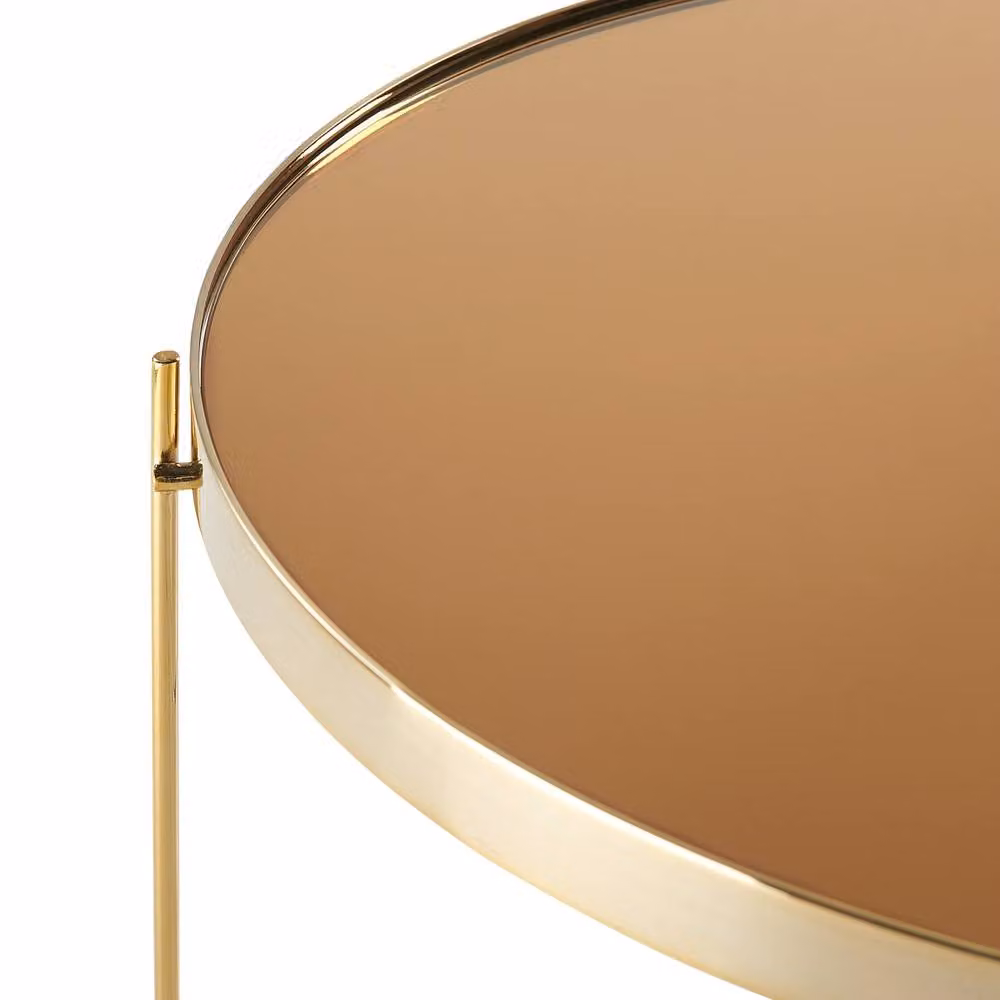 Wyld and Coco Round Side Table with Golden-Brown Tempered Glass Top and Gold Metal Legs, Diameter: 40 cm – 3