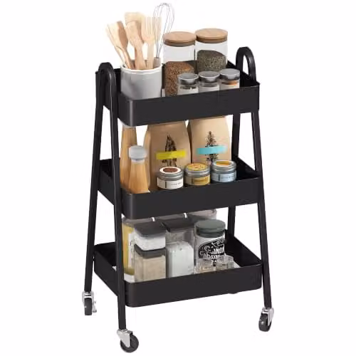 HOMCOM 3-Tier Metal Utility Storage Trolley with Wheels and Handles, Black