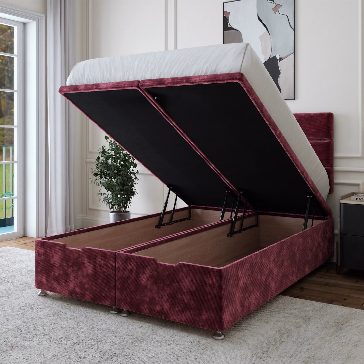 Bedmaster Single Chenille Ottoman Divan Base and Lined Headboard in Purple – 2