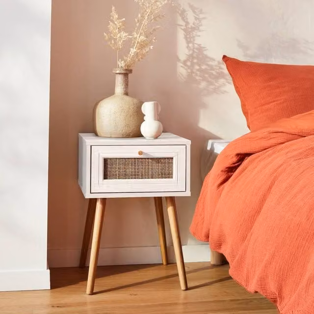 sweeek Woven Rattan Bedside Table with Drawer in White – 1