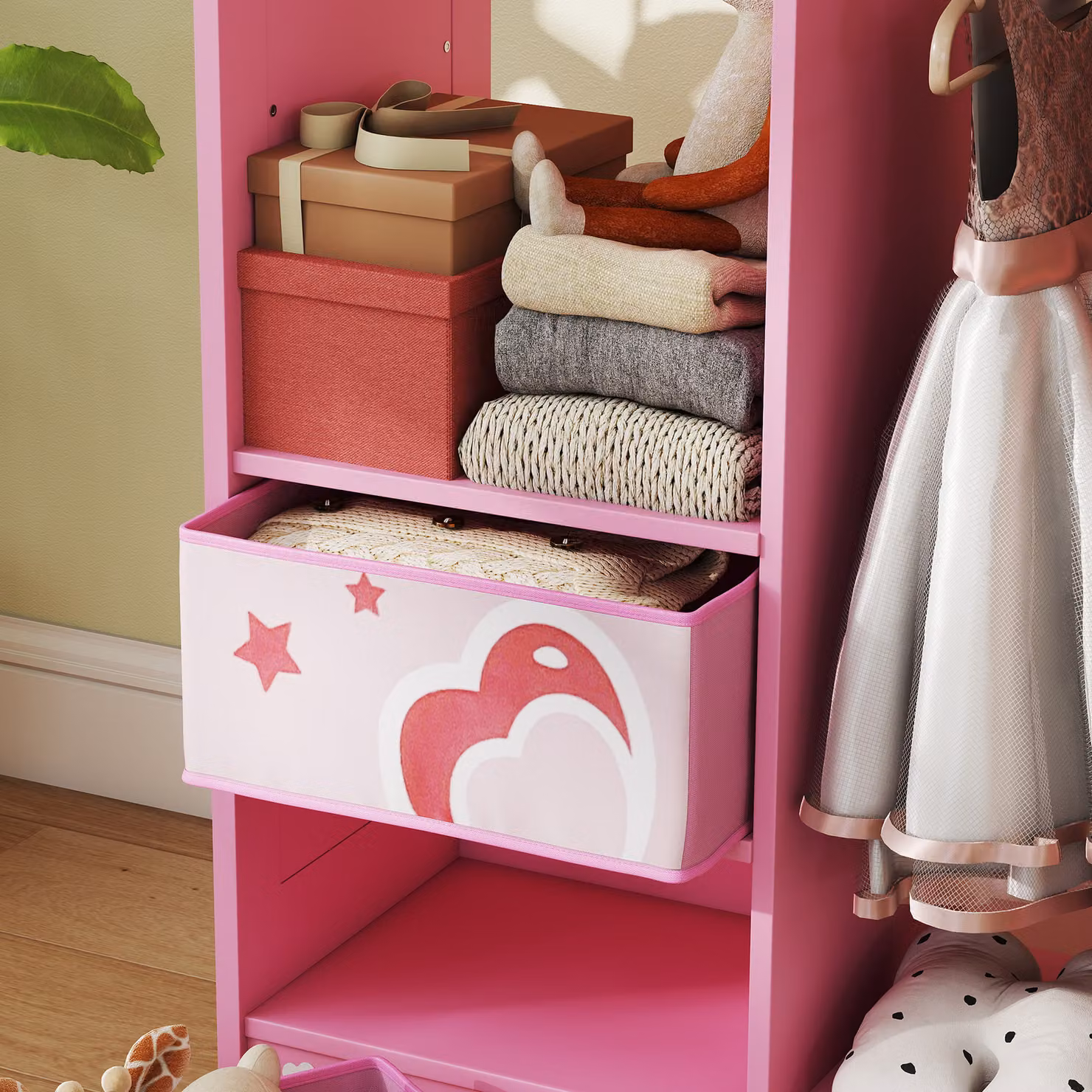 AIYAPLAY Kids Clothes Rail and Wardrobe with Mirror, Shelves, Fabric Storage and Hooks, Pink – 4