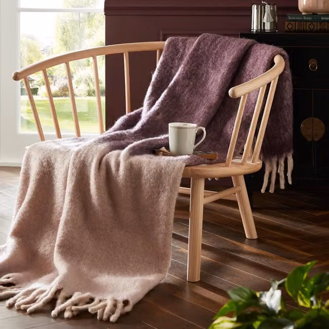 Laura Ashley Bronwen Woven Wool Blend Throw with Fringes, Purple, W: 130 cm, L: 170 cm