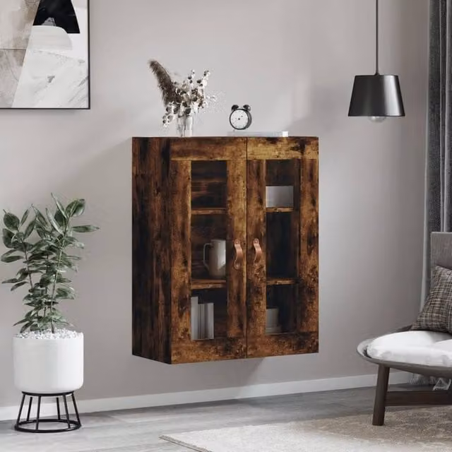 Berkfield Home Wall Mounted Smoked Oak Cabinet with Glass Doors in Brown, W/D/H: 69.5 x 34 x 90 cm