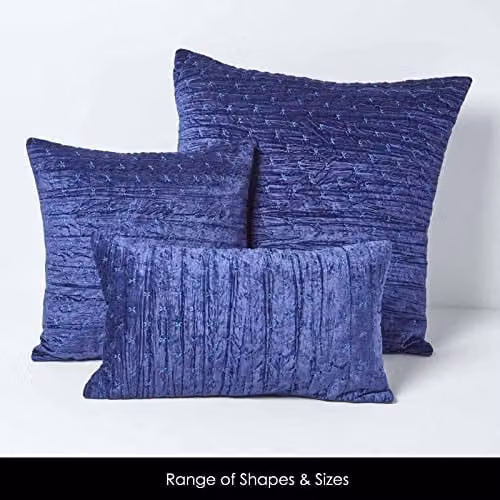HOMESCAPES Navy Blue Crushed Velvet Square Cushion Cover with Embroidered Design, W/D/H: 40 x 40 x 40 cm – 4