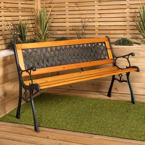 Samuel Alexander 2 Seater Brown Wooden and Cast Iron Garden Patio Bench with Lattice Design W/D/H: 119 x 73 x 34 cm – 2
