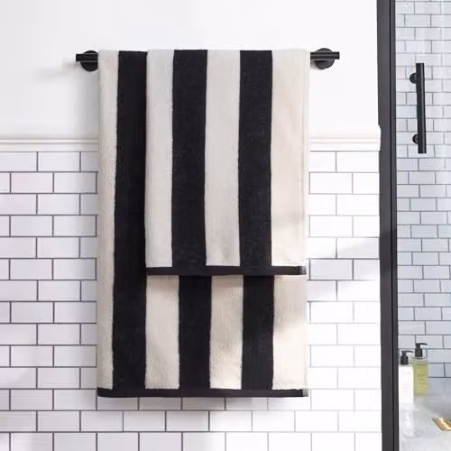 OHS Large Cotton Jacquard Bath Towel, Black and White Striped, W: 70 cm, H: 115 cm – 3