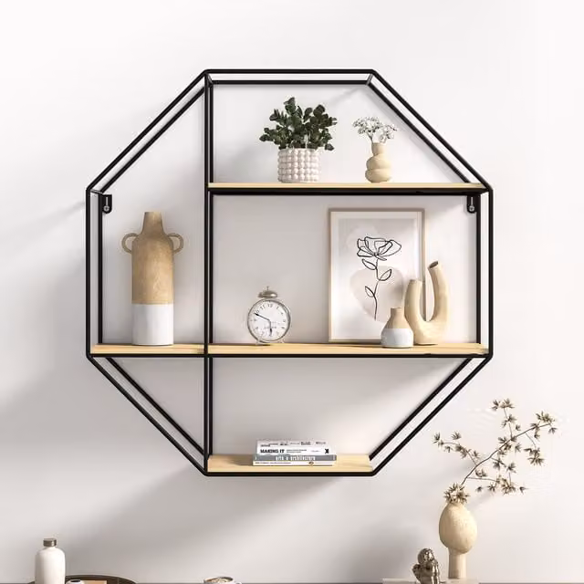 Livingandhome Modern Octagonal Metal and Wood Floating Wall Display Shelf, Black