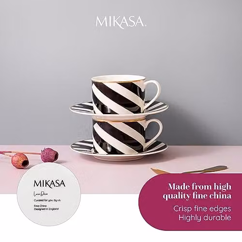 Mikasa Luxe Deco Geometric Bone China Tea Cup and Saucer Set of 2, 200ml, Black, White and Gold – 4