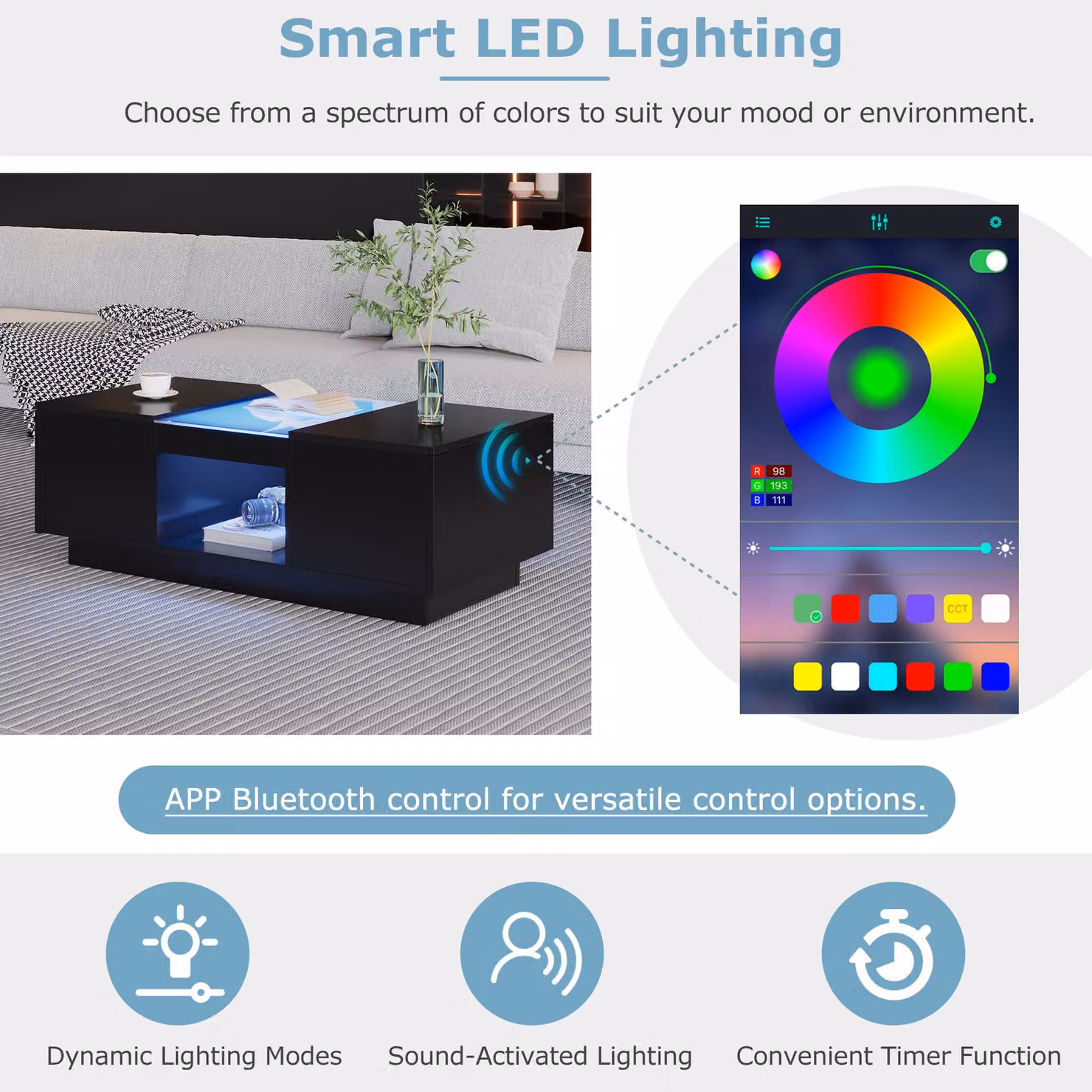 Aosom.UK Modern 2-Tier Coffee Table with App-Controlled LED Lights and 2 Drawers in Black, W: 100 cm, D: 50 cm, H: 35.5 cm – 6