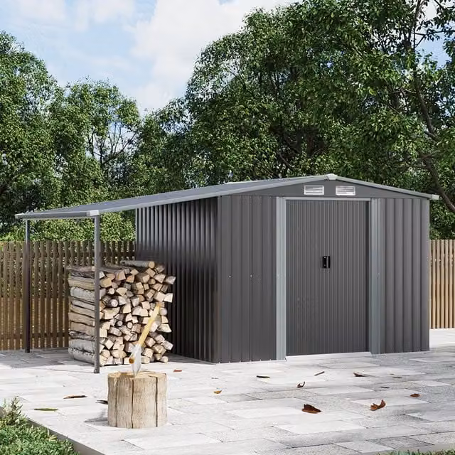 Breeins Durable Metal Outdoor Lean-to Storage Shed with Sliding Doors in Grey