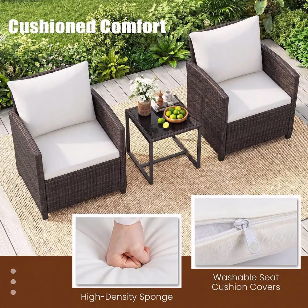 Costway 3-Piece PE Rattan Bistro Patio Furniture Set with Cushions in Beige – 5