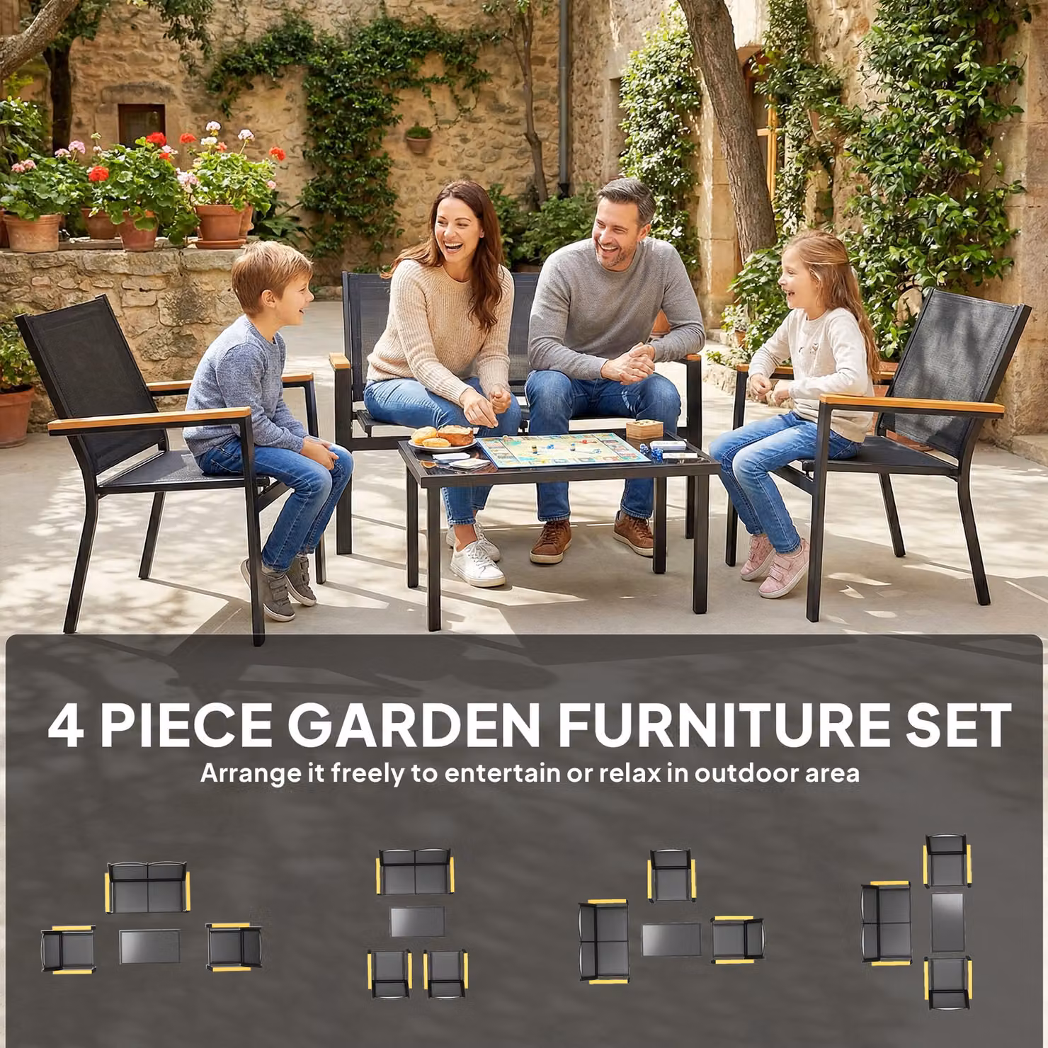 Outsunny 4 Seater Outdoor Garden Sofa Set in Black with Loveseat, 2 Chairs, Coffee Table and Upholstered Cushions – 4