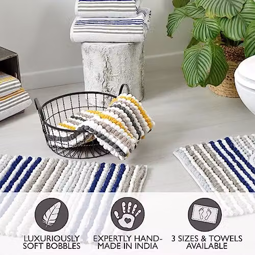 Allure Bath Fashions Striped Chunky Bobble Bath Mat in Blue and Grey, W: 80 cm, D: 50 cm, H: 2 cm – 3