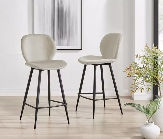 FurnitureboxUK Set of 2 Arna Velvet Breakfast Bar Stools in Cappuccino with Black Legs