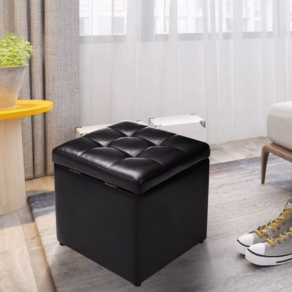 VOGREX Black Faux Leather Cube Storage Ottoman Stool, W/D/H: 40 x 40 x 40 cm – 2