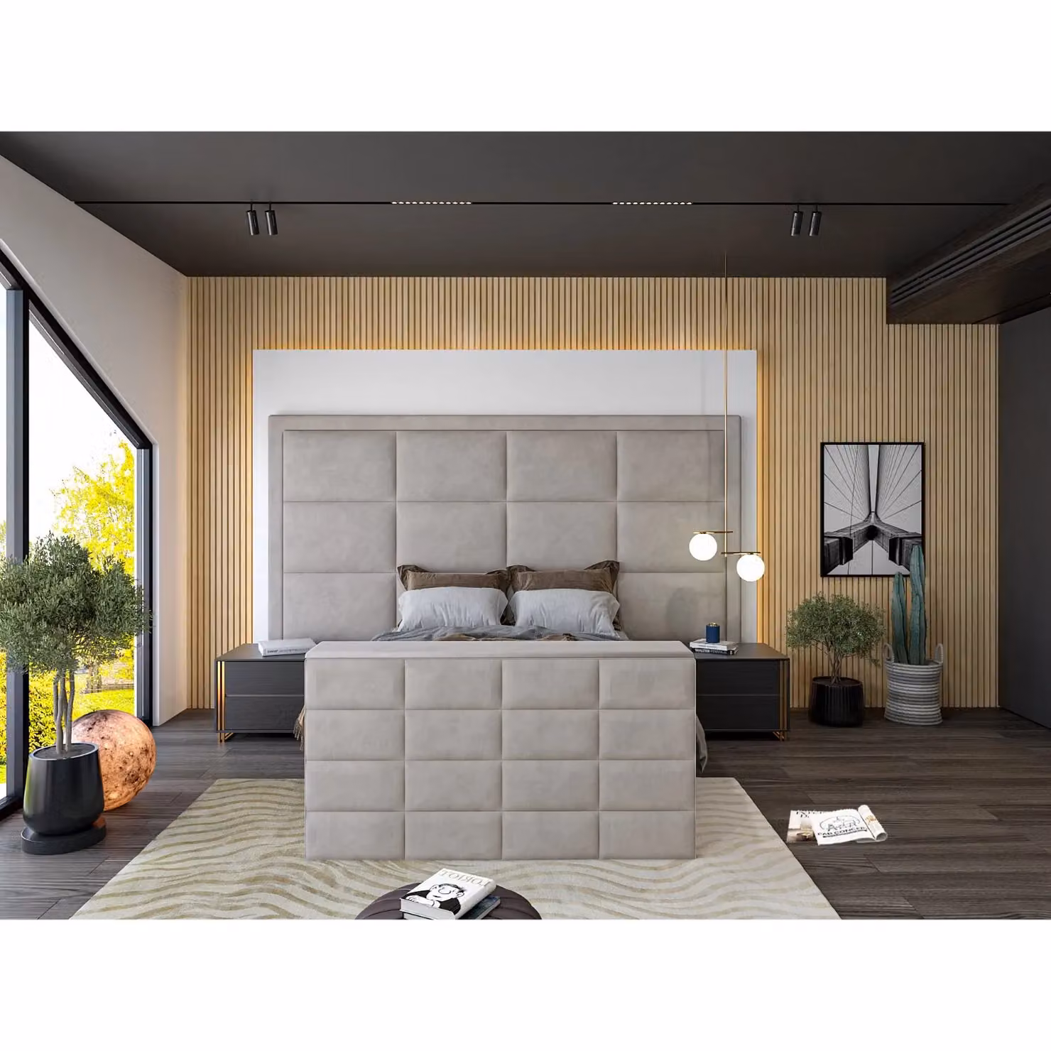 HOB Furniture Block Upholstered TV Bed Frame in Light Grey French Velvet, Super King, 200 x 200 cm – 2