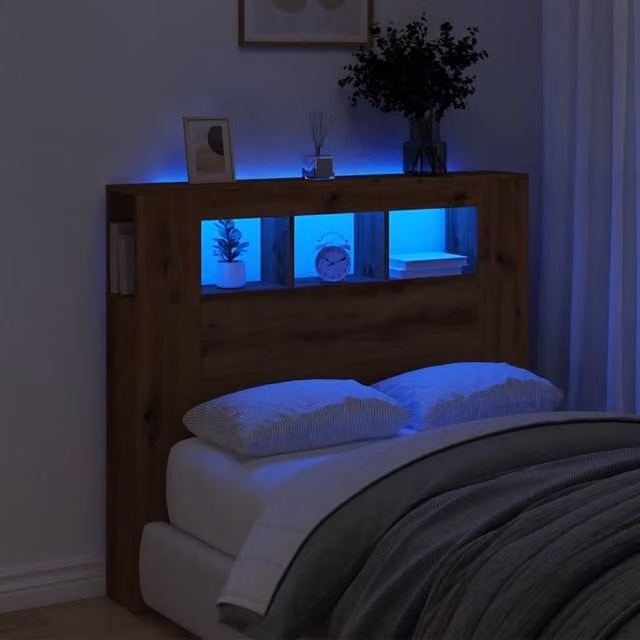 Berkfield Home Artisan Oak LED Headboard in Brown with Integrated Lighting, Shelf and USB Charging Port, W/D/H: 120 x 18.5 x 103.5 cm