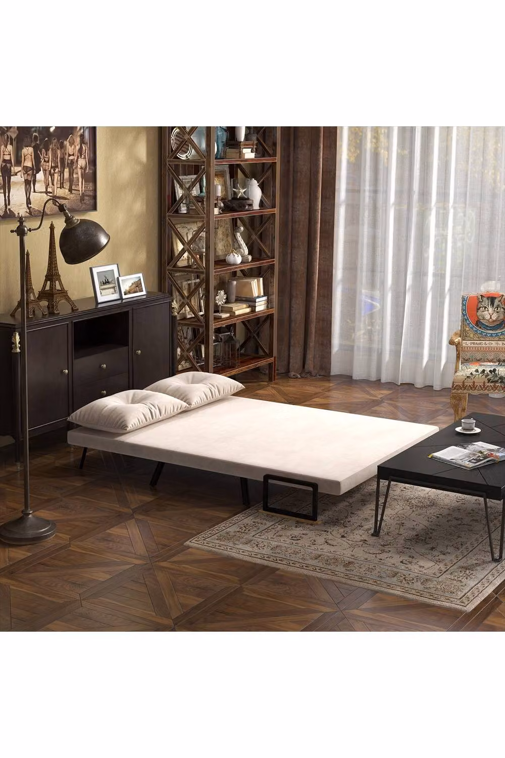 ERGOVEXA 4-in-1 Velvet Double Sofa Bed in Beige with Adjustable Headrest and Metal Frame, W/D/H: 140 x 200 cm – 2