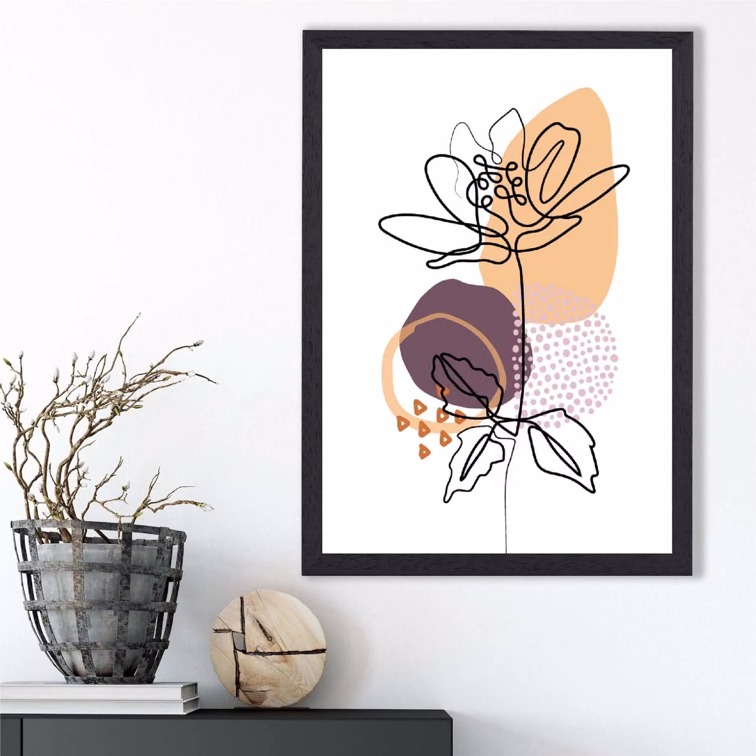 ARTZE Peony Floral Line Art Framed Print with Boho Purple and Orange Shapes in Mid Blue, A3 – 2
